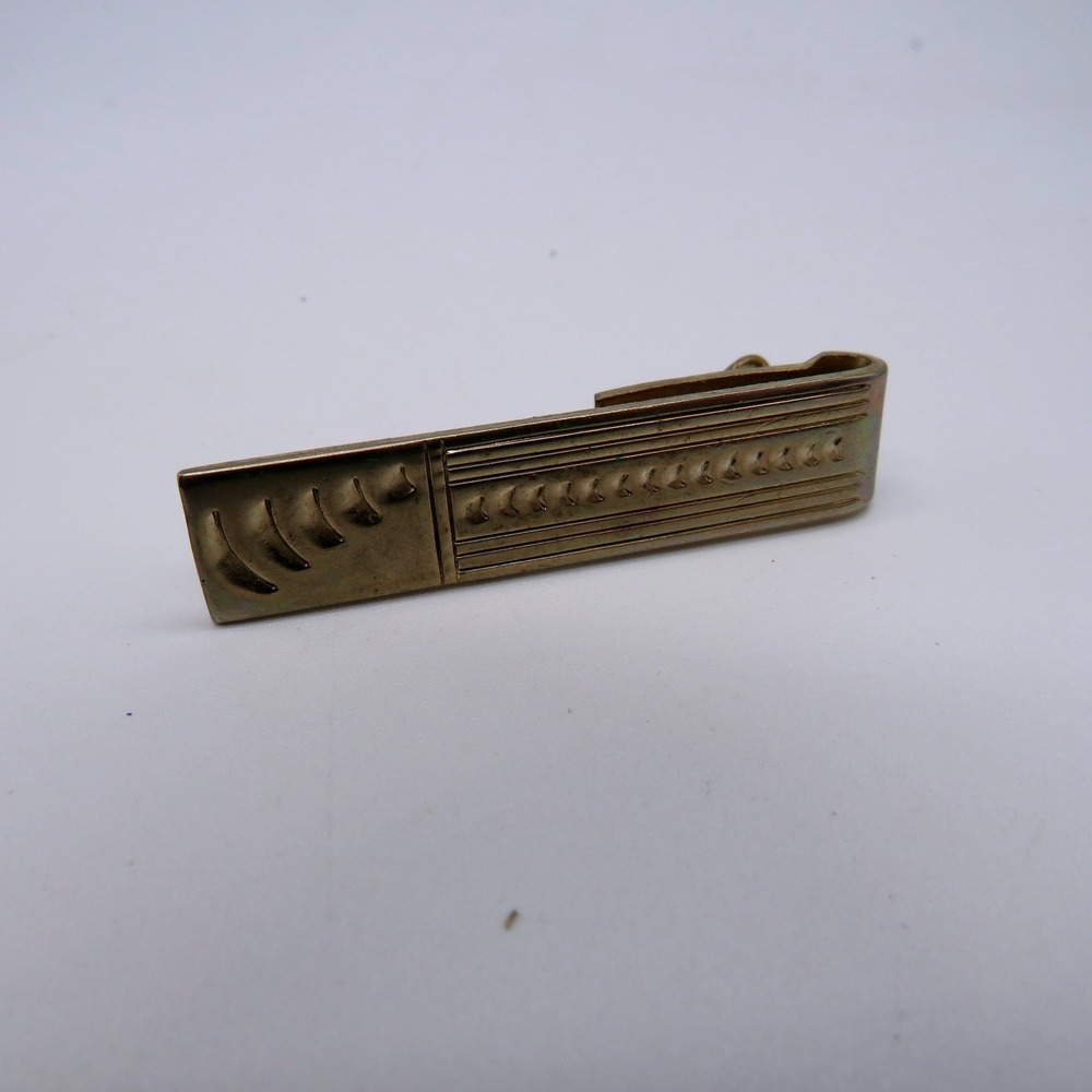 Vintage Gold Tone Textured Tie Bar Clip Linear Crescent Design 2 Inch